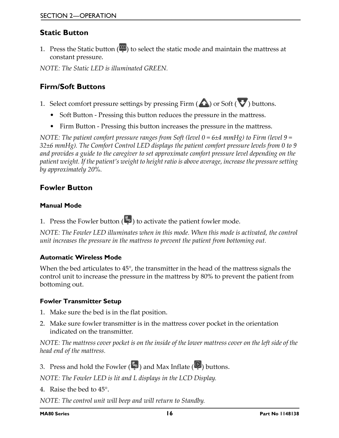 Invacare MA85, MA80 manual Static Button, Firm/Soft Buttons, Fowler Button 