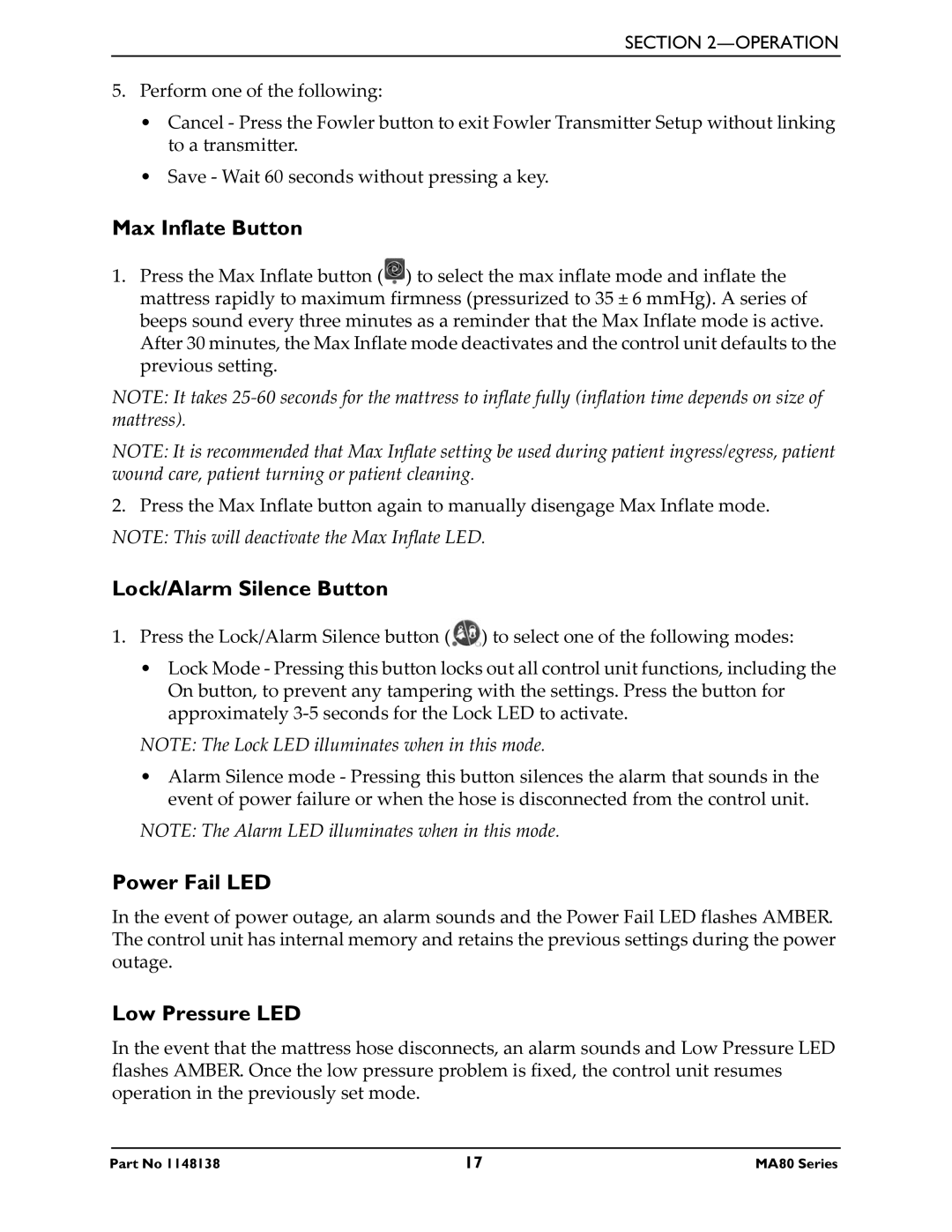 Invacare MA80, MA85 manual Max Inflate Button, Lock/Alarm Silence Button, Power Fail LED, Low Pressure LED 