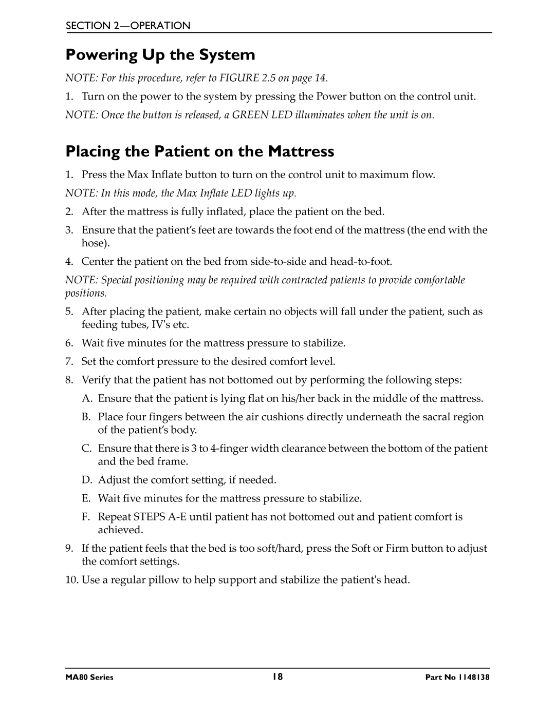 Invacare MA85, MA80 manual Powering Up the System, Placing the Patient on the Mattress 