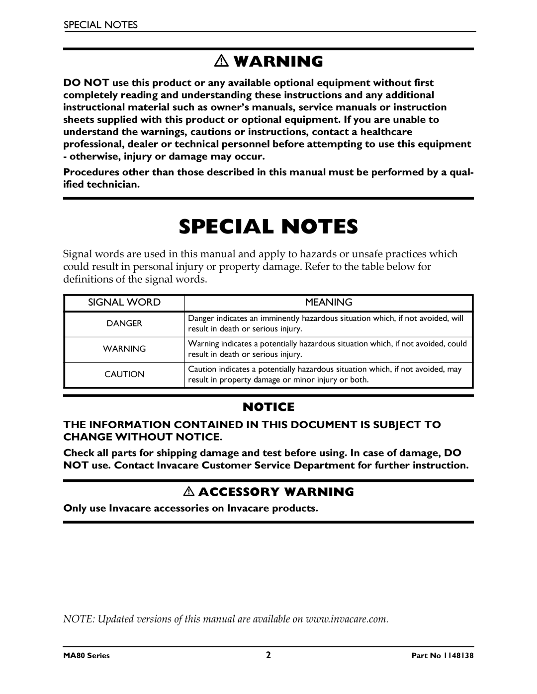 Invacare MA85, MA80 manual Special Notes 