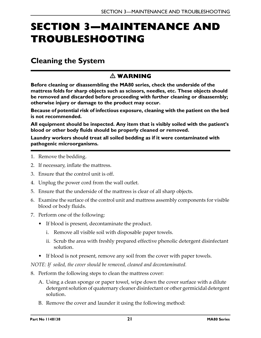 Invacare MA80, MA85 manual Maintenance and Troubleshooting, Cleaning the System 