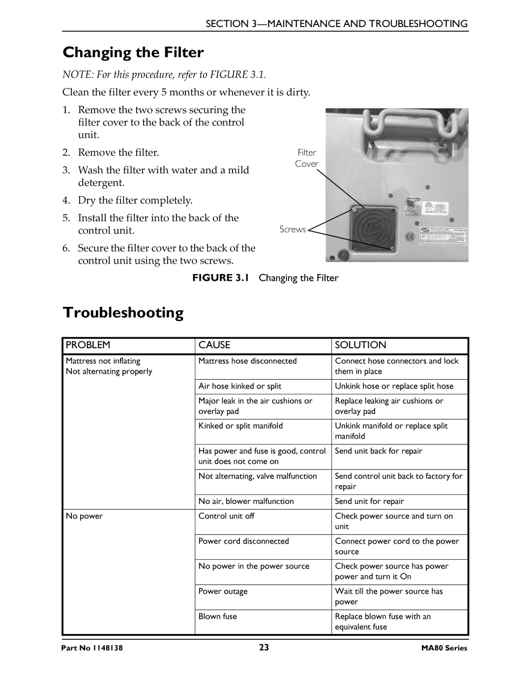 Invacare MA80, MA85 manual Changing the Filter, Troubleshooting 