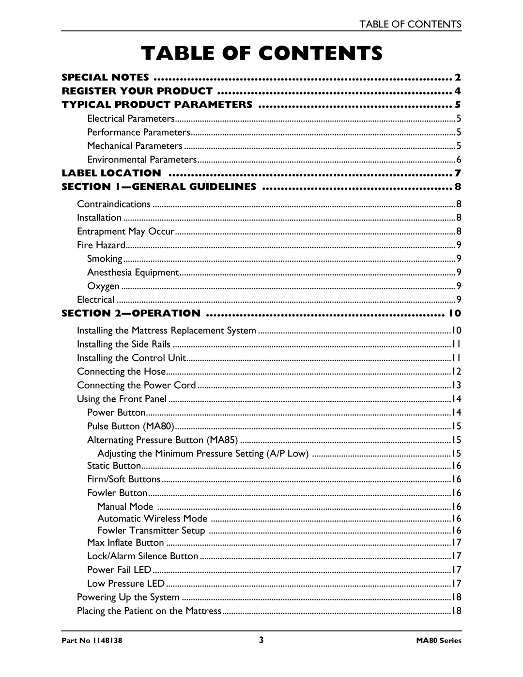 Invacare MA80, MA85 manual Table of Contents 