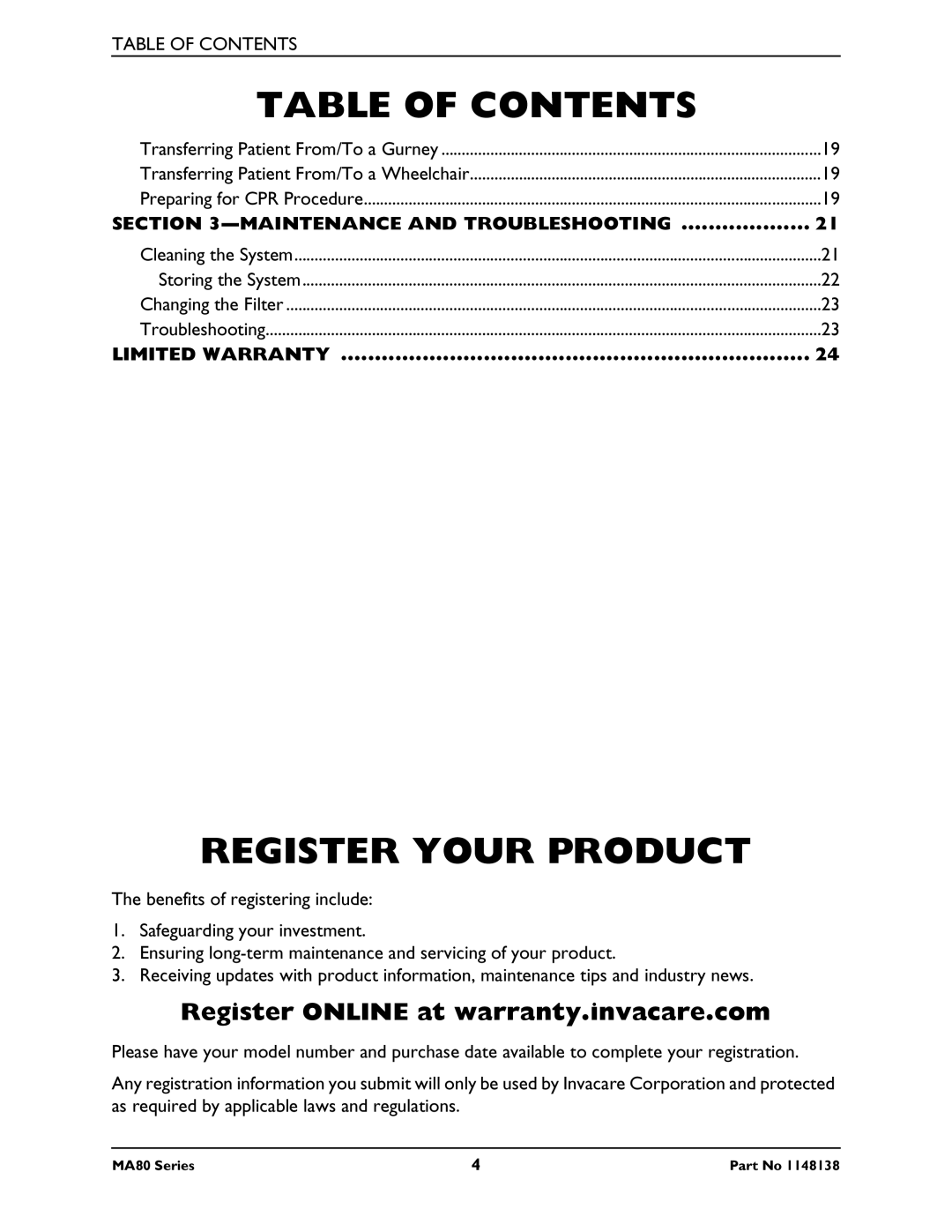 Invacare MA85, MA80 manual Register Your Product, Register Online at warranty.invacare.com 