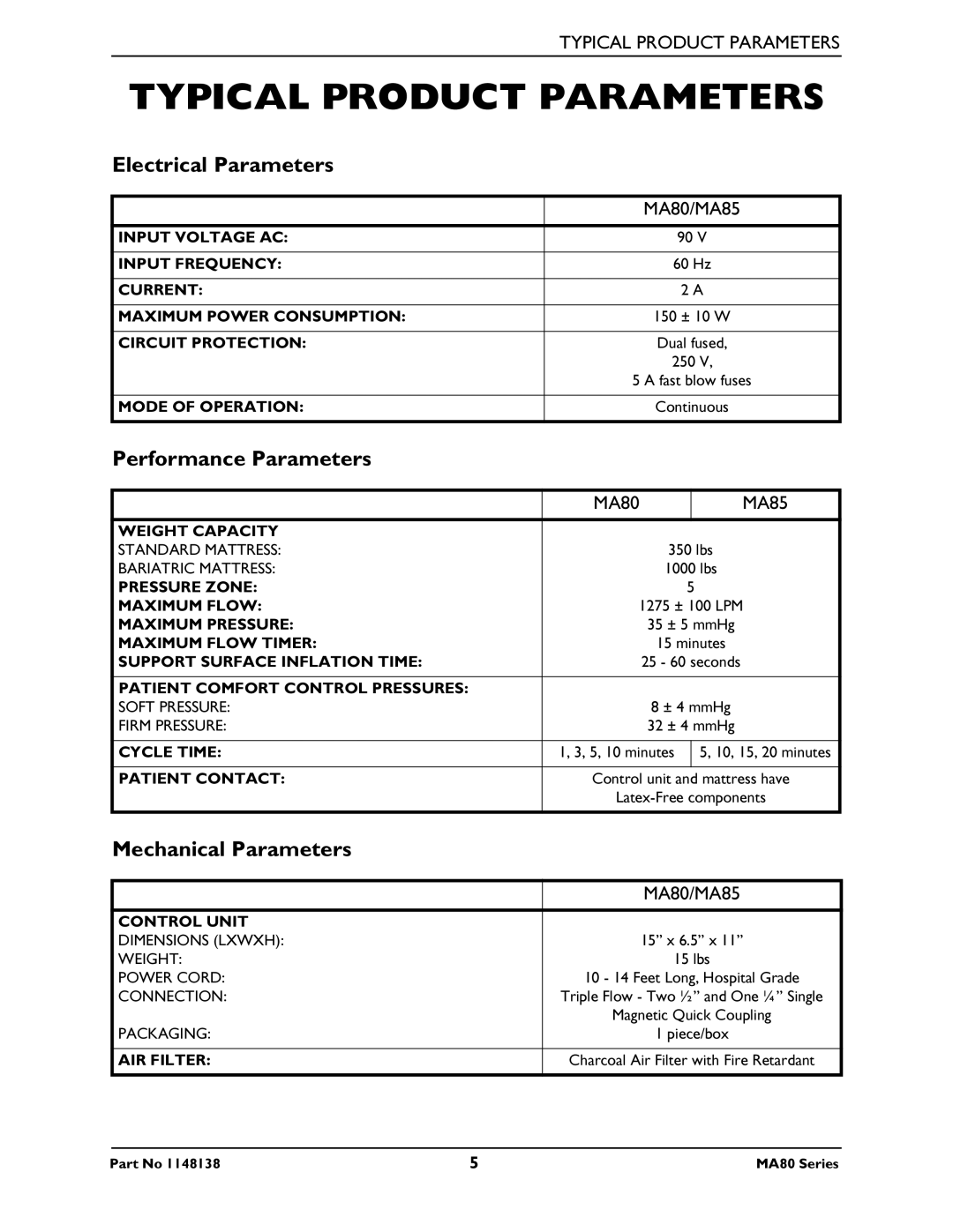 Invacare MA80, MA85 manual Typical Product Parameters, Electrical Parameters, Performance Parameters, Mechanical Parameters 