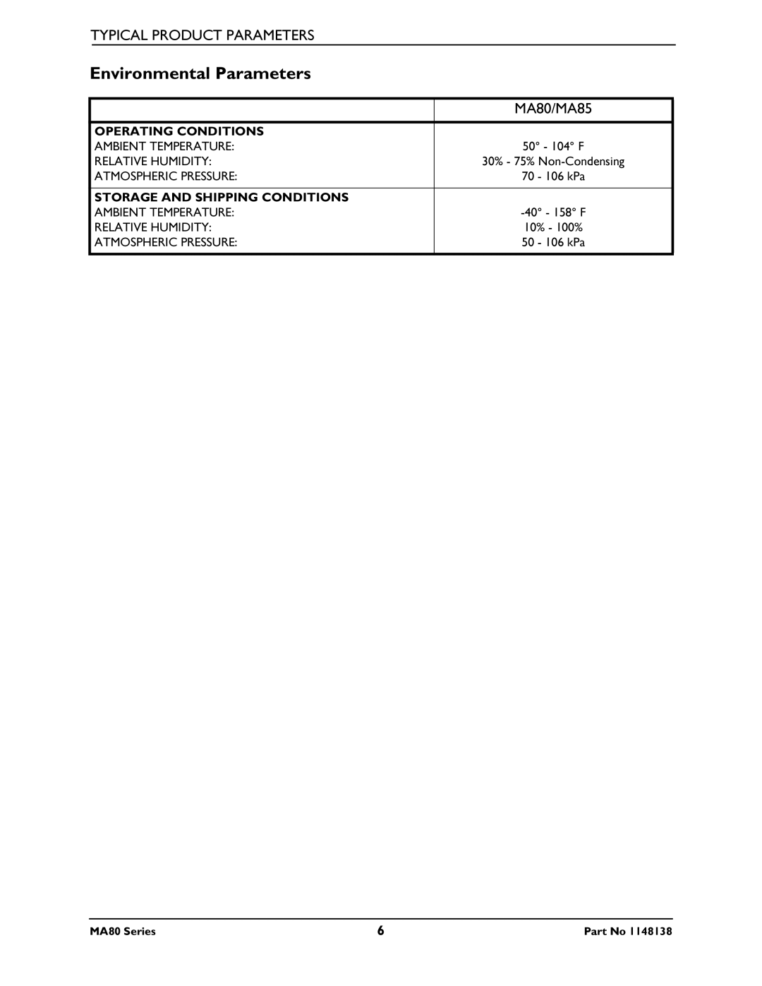 Invacare MA85, MA80 manual Environmental Parameters 