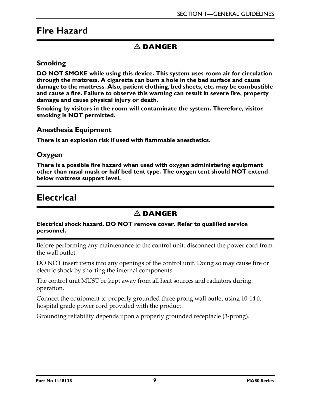 Invacare MA80, MA85 manual Fire Hazard, Electrical, Smoking, Anesthesia Equipment, Oxygen 