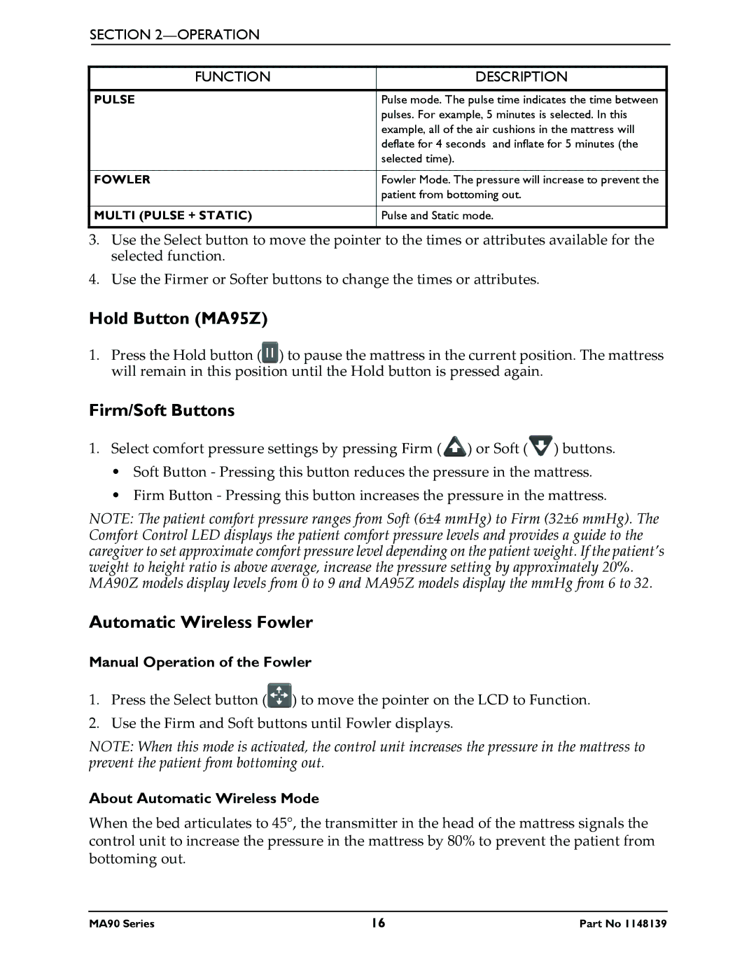 Invacare MA90Z manual Hold Button MA95Z, Firm/Soft Buttons, Automatic Wireless Fowler, Operation Function Description 