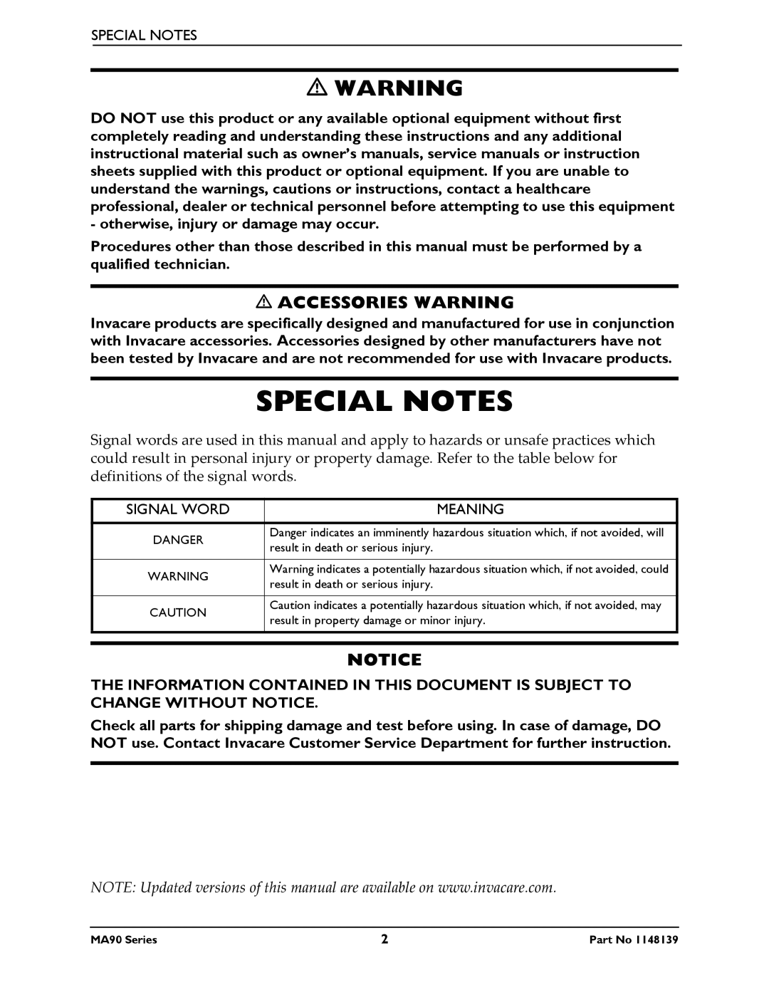 Invacare MA90Z, MA95Z manual Special Notes, Meaning 