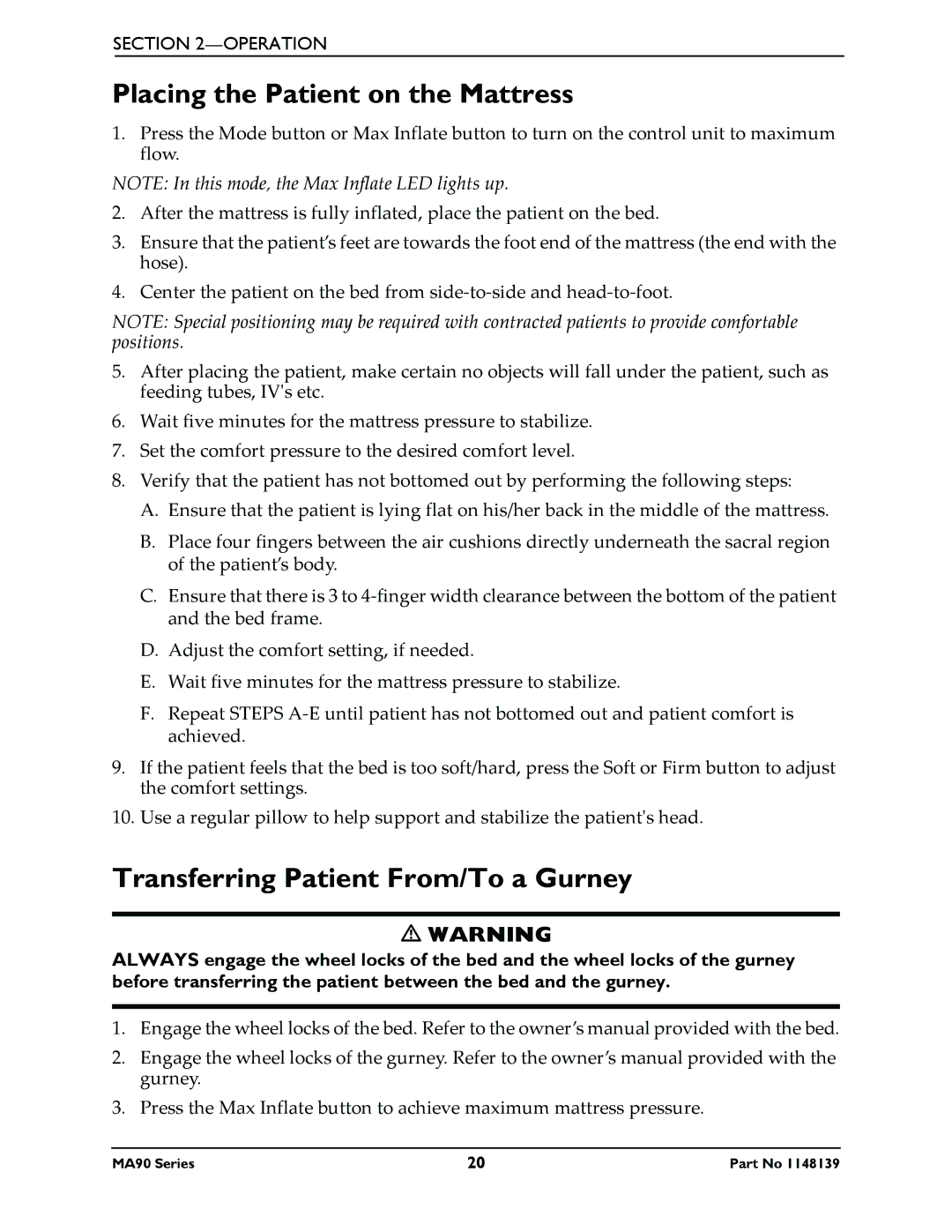 Invacare MA90Z, MA95Z manual Placing the Patient on the Mattress, Transferring Patient From/To a Gurney 