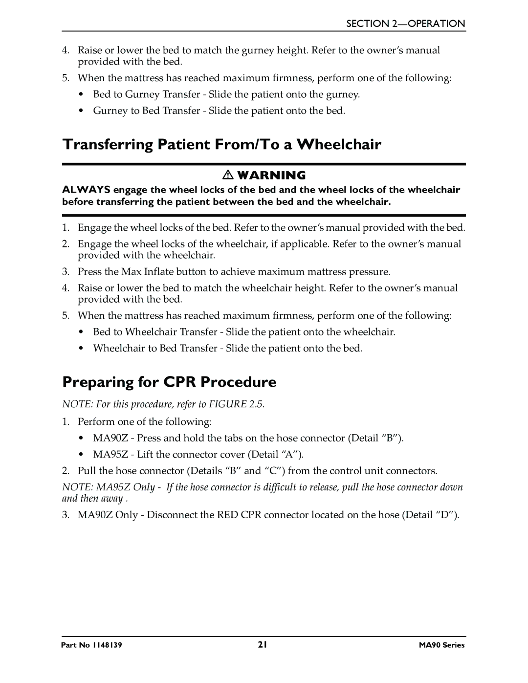 Invacare MA95Z, MA90Z manual Transferring Patient From/To a Wheelchair, Preparing for CPR Procedure 