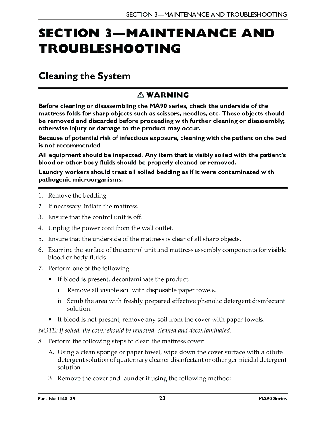 Invacare MA95Z, MA90Z manual Maintenance and Troubleshooting, Cleaning the System 