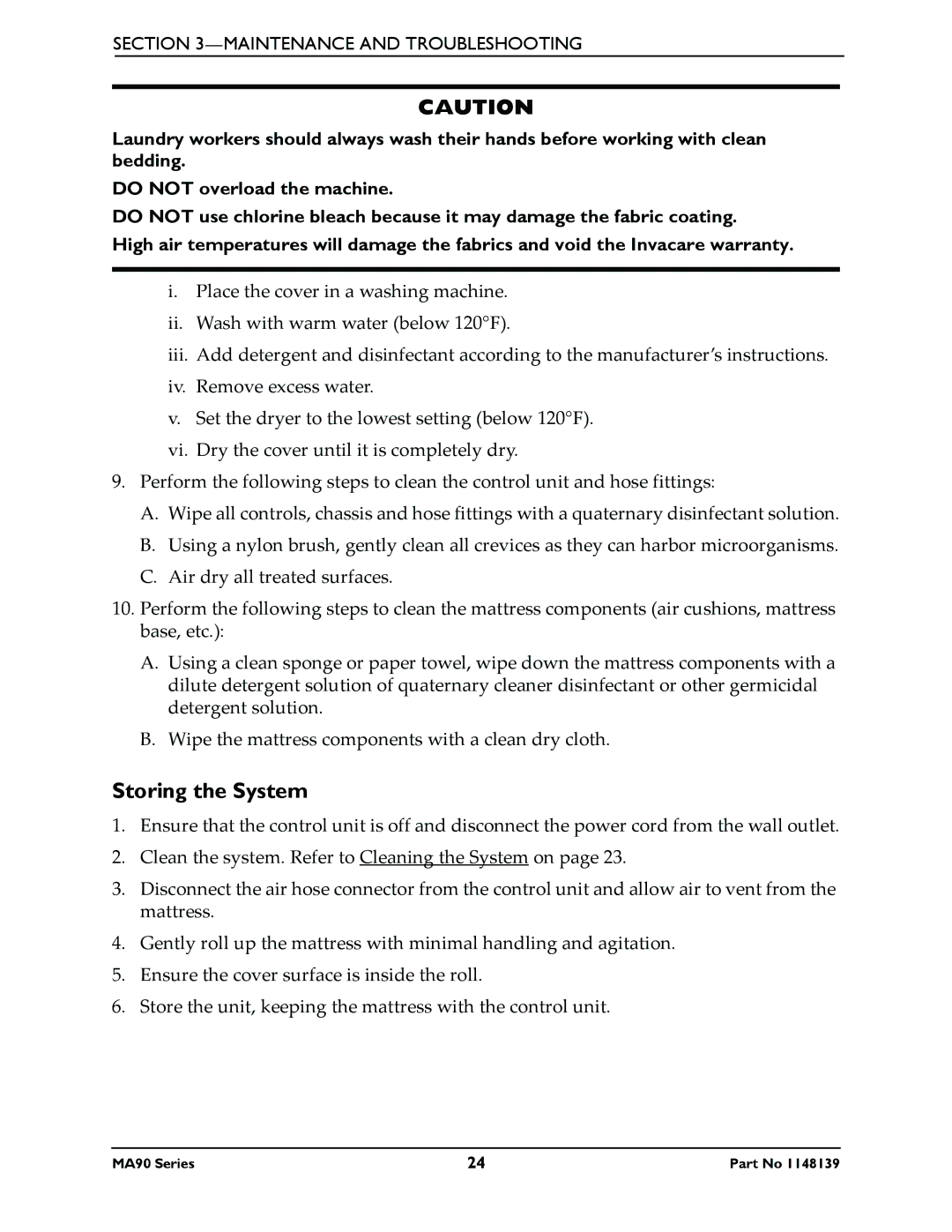 Invacare MA90Z, MA95Z manual Storing the System 