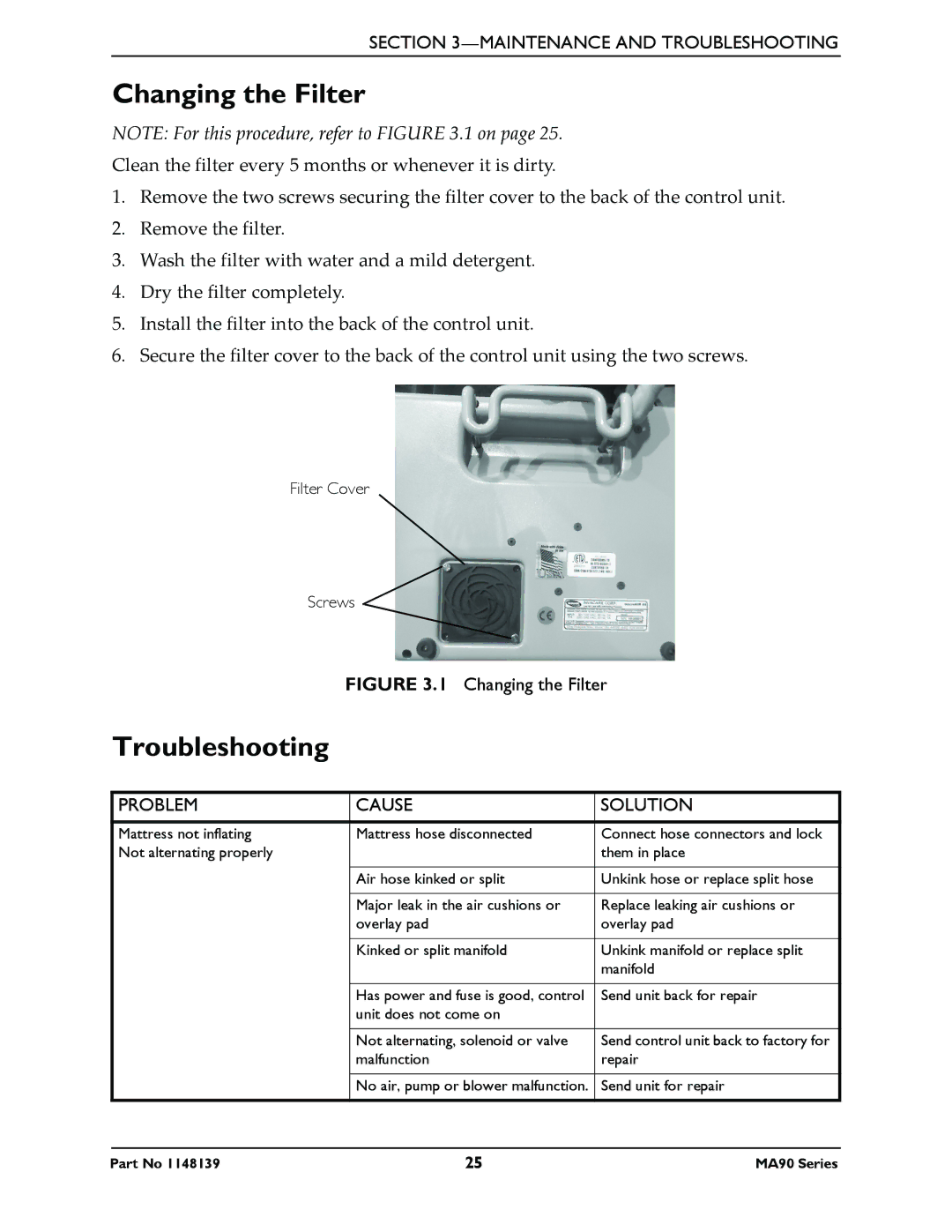 Invacare MA95Z, MA90Z manual Changing the Filter, Troubleshooting, Problem Cause Solution 