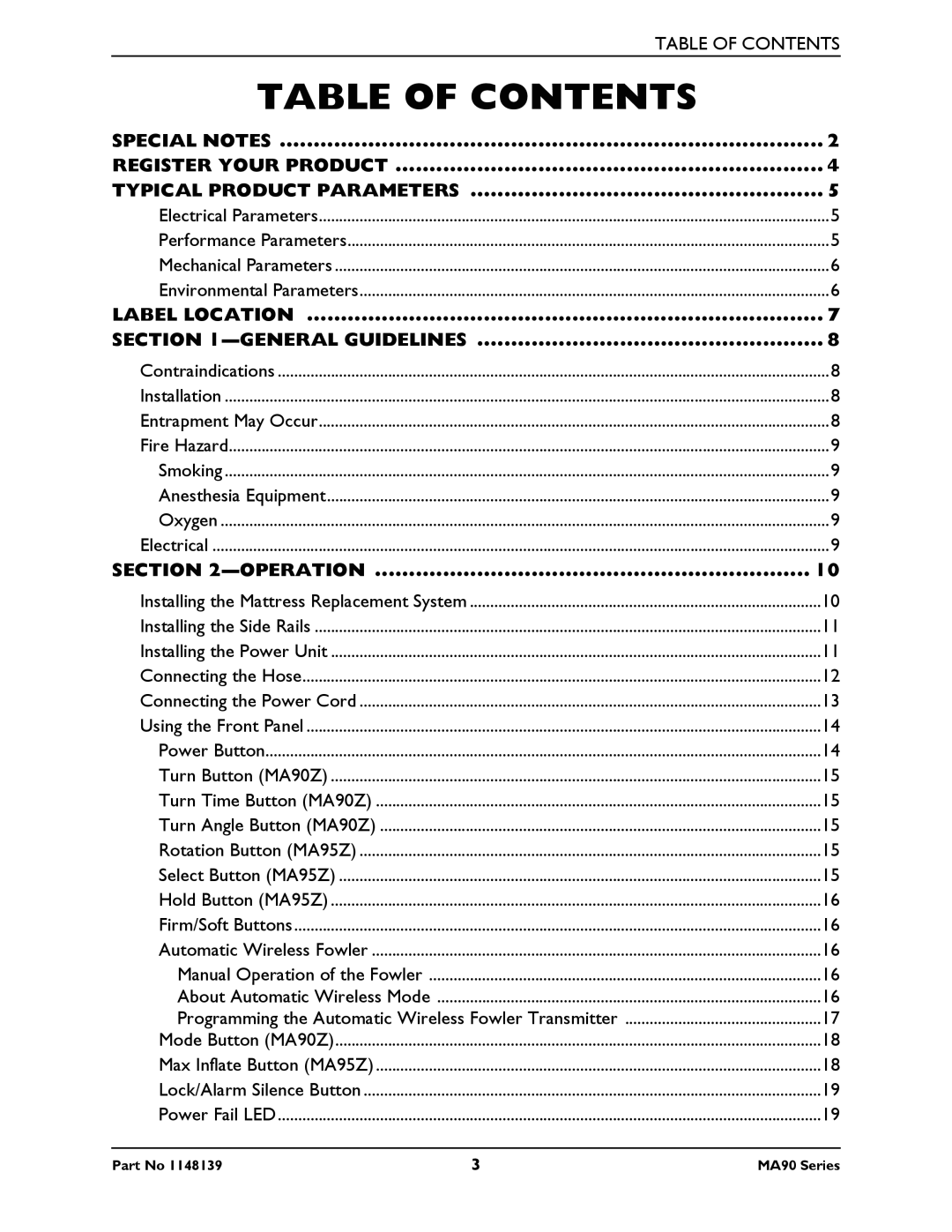 Invacare MA95Z, MA90Z manual Table of Contents 