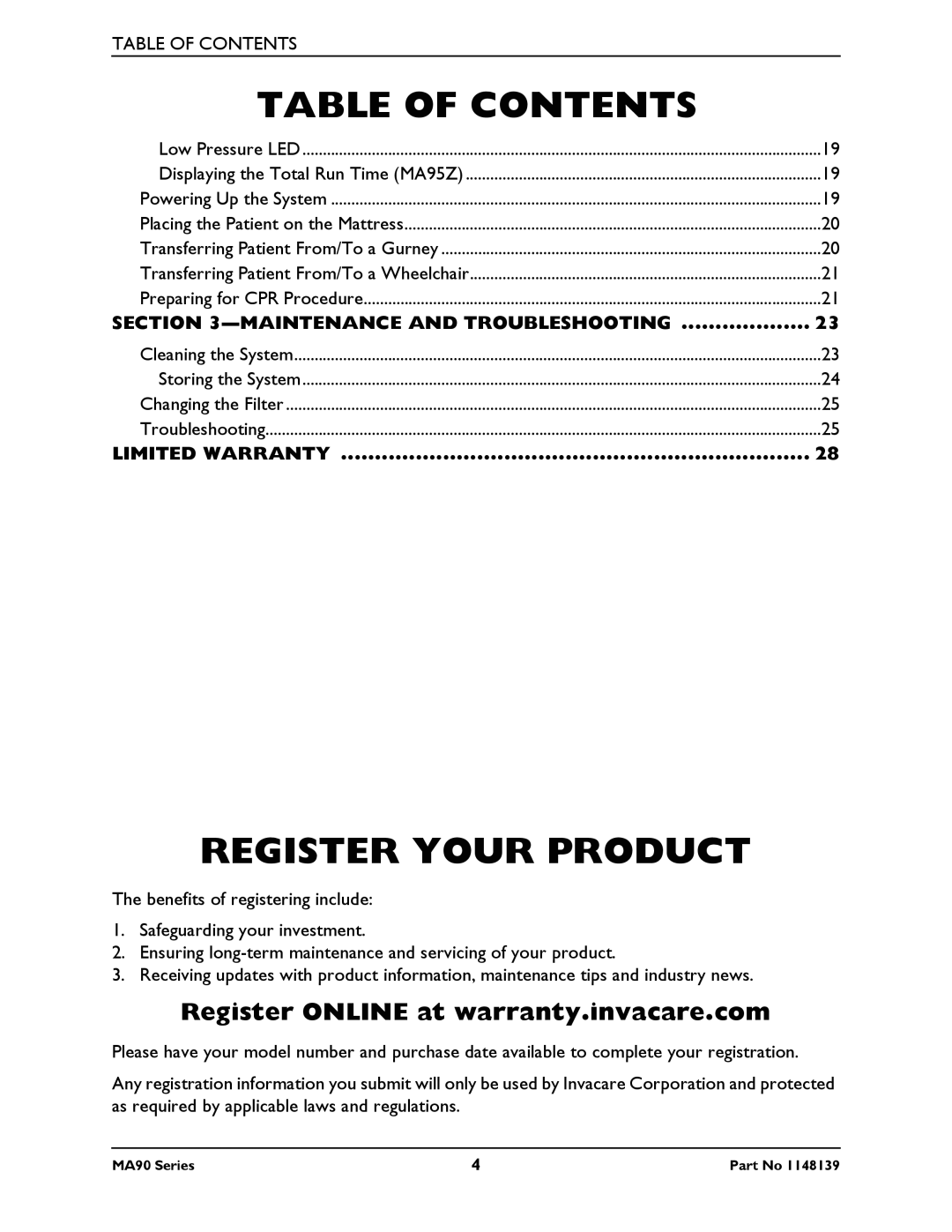 Invacare MA90Z, MA95Z manual Register Your Product, Table of Contents 