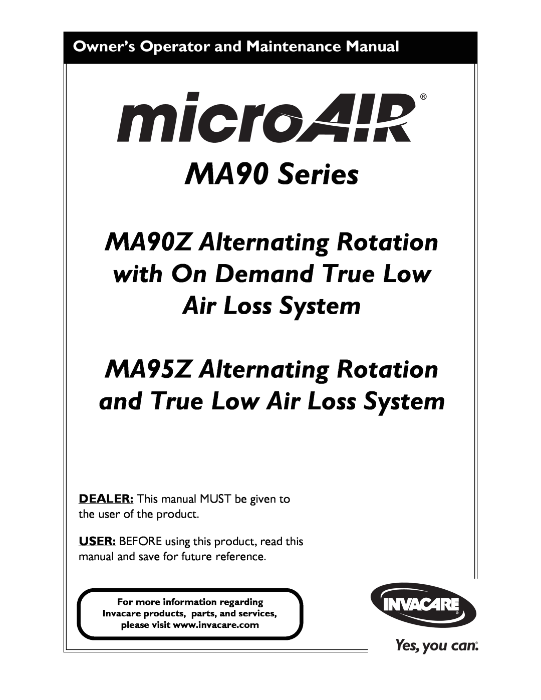 Invacare MA95Z manual MA90 Series, MA90Z Alternating Rotation with On Demand True Low Air Loss System 
