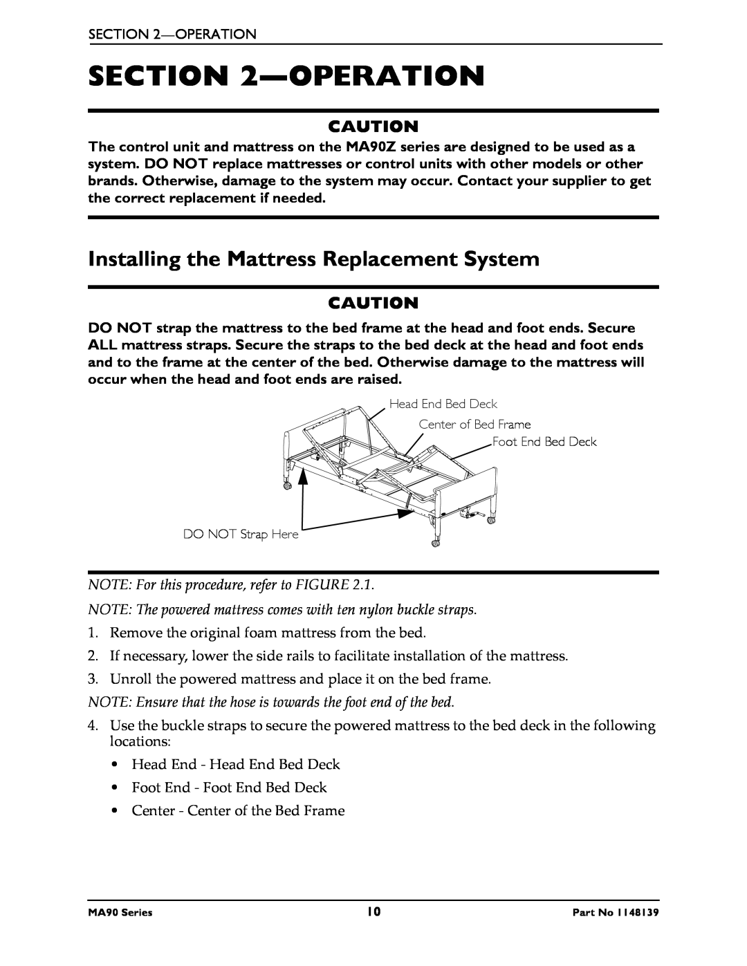 Invacare MA90Z, MA95Z manual Operation, Installing the Mattress Replacement System, NOTE For this procedure, refer to FIGURE 