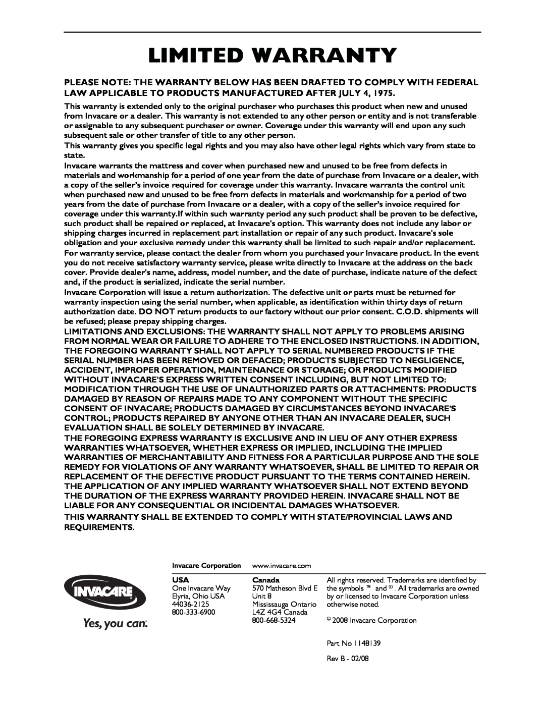 Invacare MA90Z, MA95Z manual Limited Warranty, Canada 