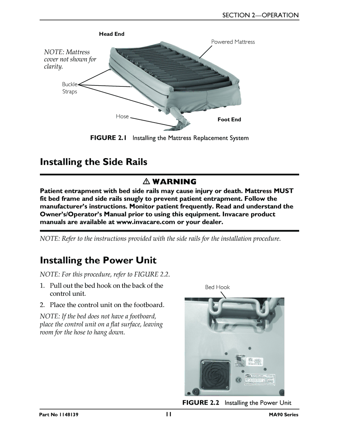 Invacare MA95Z manual Installing the Side Rails Installing the Power Unit, Installing the Mattress Replacement System 