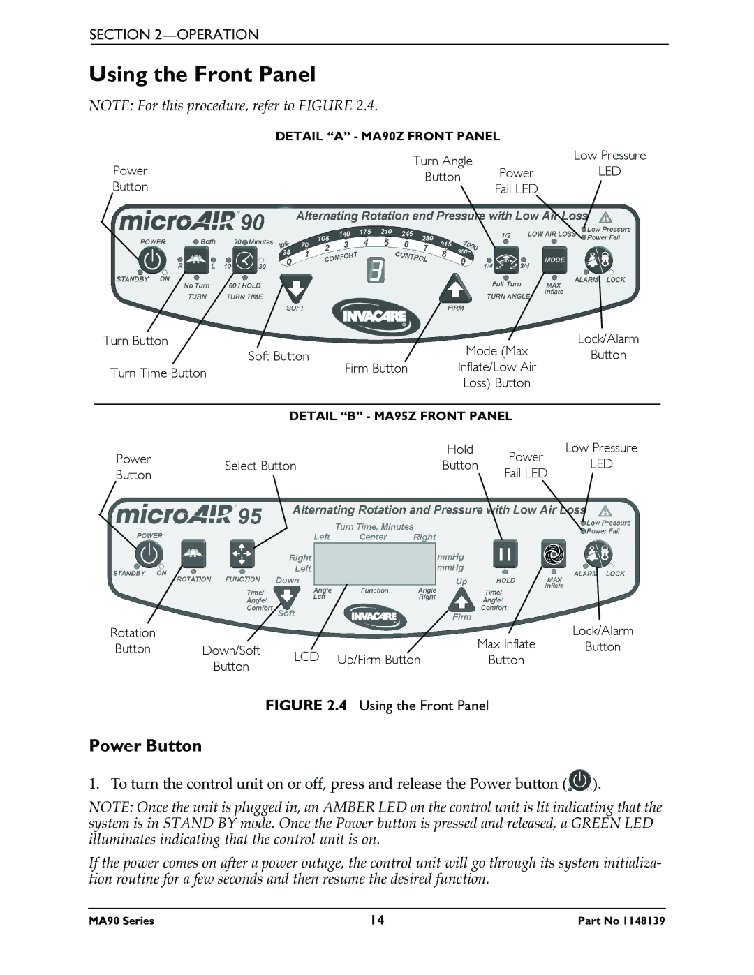 Invacare MA95Z manual Using the Front Panel, Power Button 
