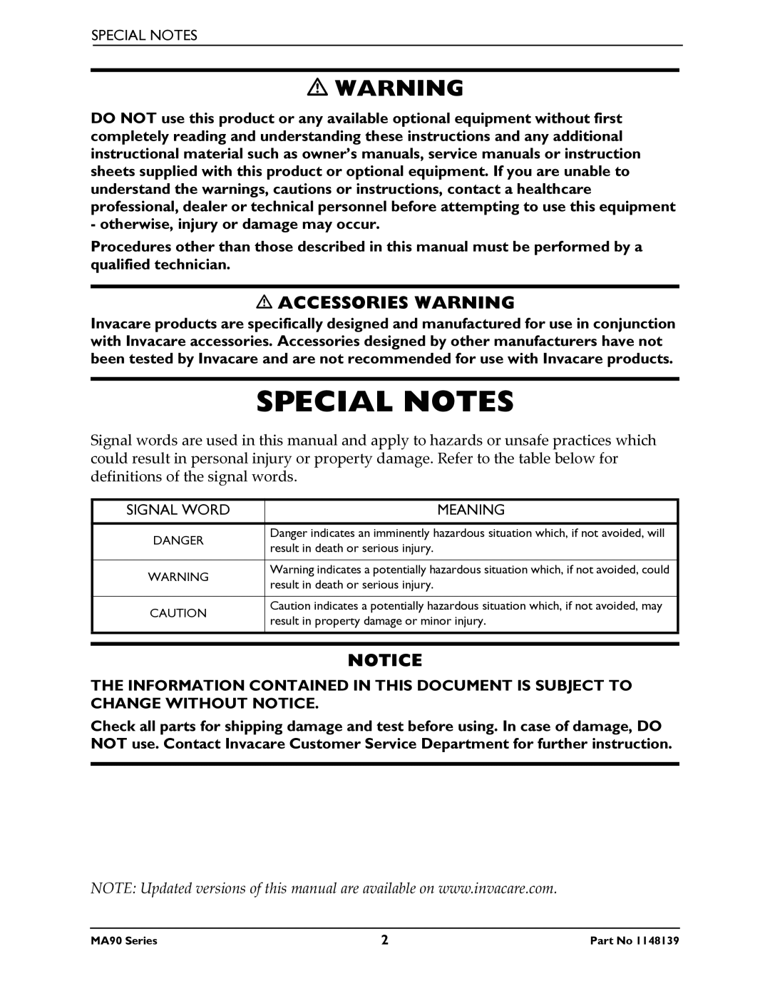 Invacare MA95Z manual Special Notes, Meaning 