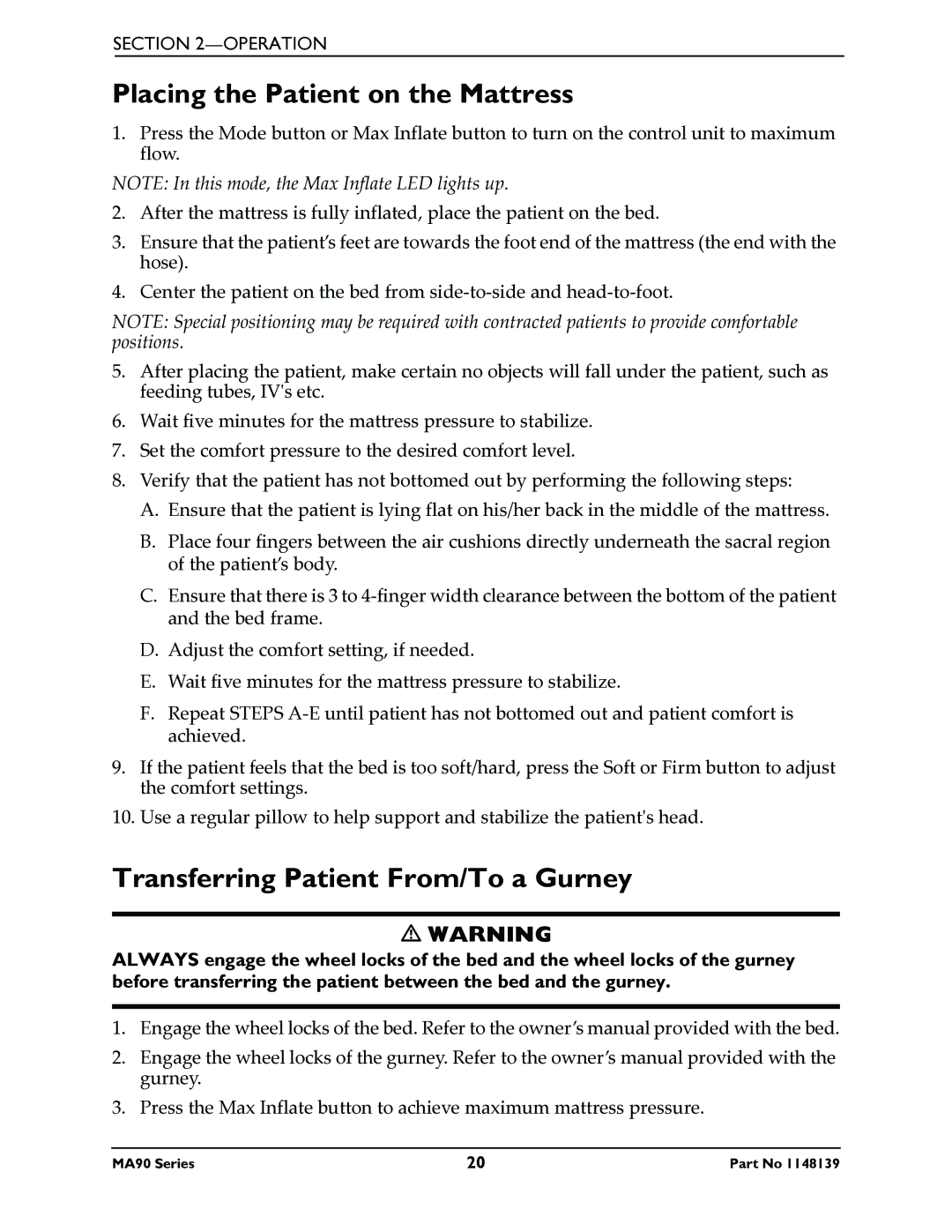 Invacare MA95Z manual Placing the Patient on the Mattress, Transferring Patient From/To a Gurney 