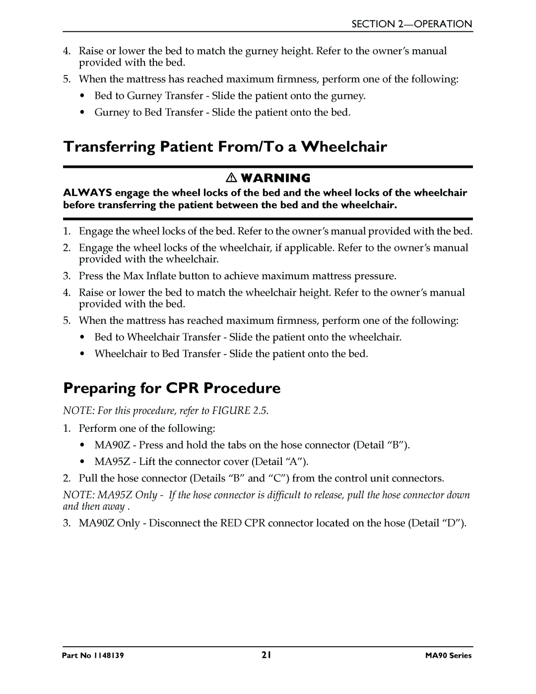 Invacare MA95Z manual Transferring Patient From/To a Wheelchair, Preparing for CPR Procedure 