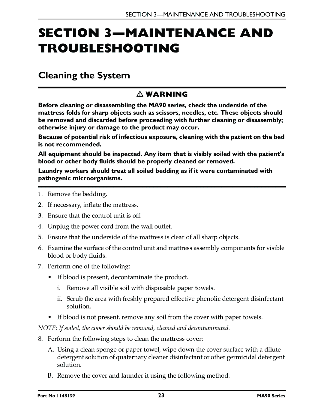 Invacare MA95Z manual Maintenance and Troubleshooting, Cleaning the System 