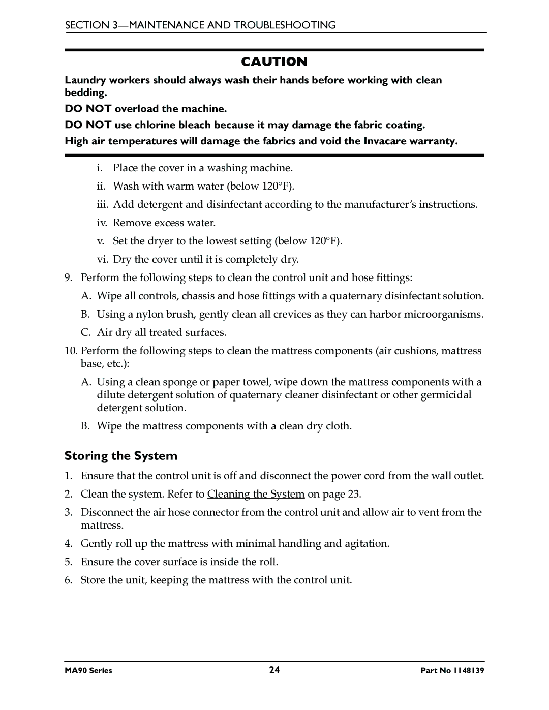 Invacare MA95Z manual Storing the System 