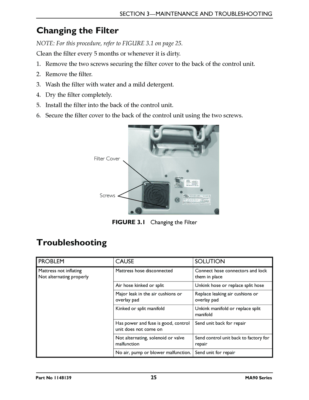 Invacare MA95Z manual Changing the Filter, Troubleshooting, Problem Cause Solution 