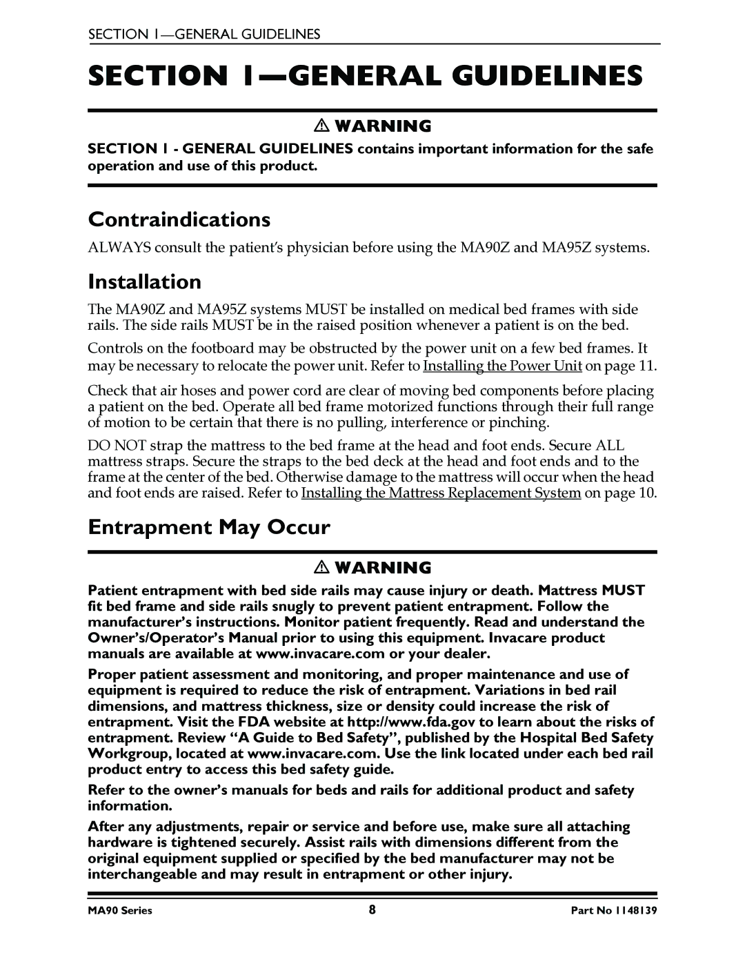 Invacare MA95Z manual General Guidelines, Contraindications, Installation, Entrapment May Occur 