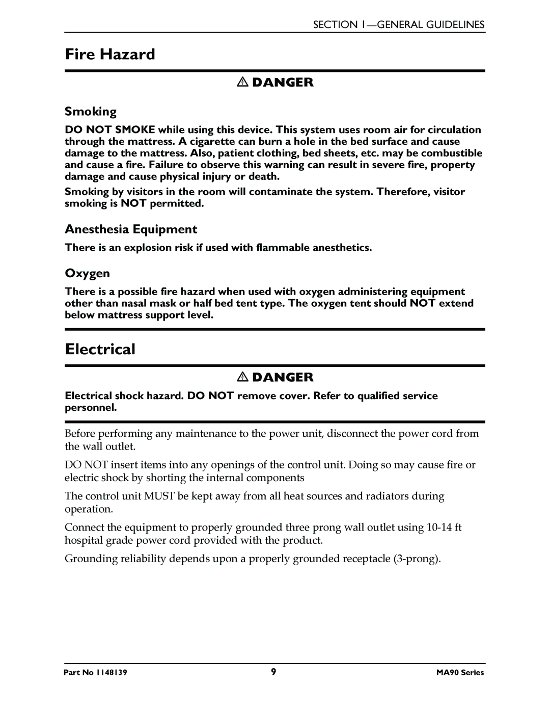 Invacare MA95Z manual Fire Hazard, Electrical, Smoking, Anesthesia Equipment, Oxygen 