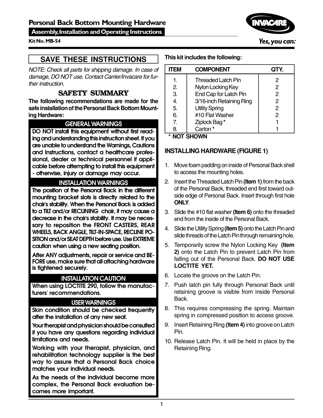 Invacare MB-54 operating instructions Safety Summary, Installing Hardware Figure 