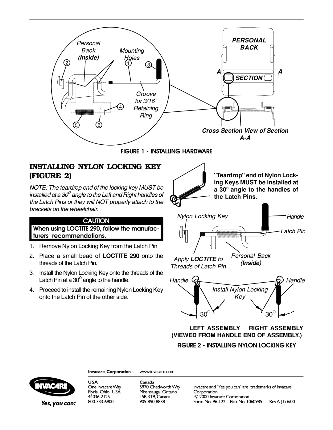 Invacare MB-54 operating instructions Installing Nylon Locking KEY Figure, 30O30O 