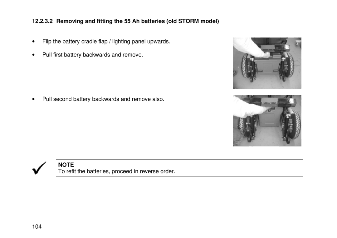 Invacare MK6i user manual Removing and fitting the 55 Ah batteries old Storm model 