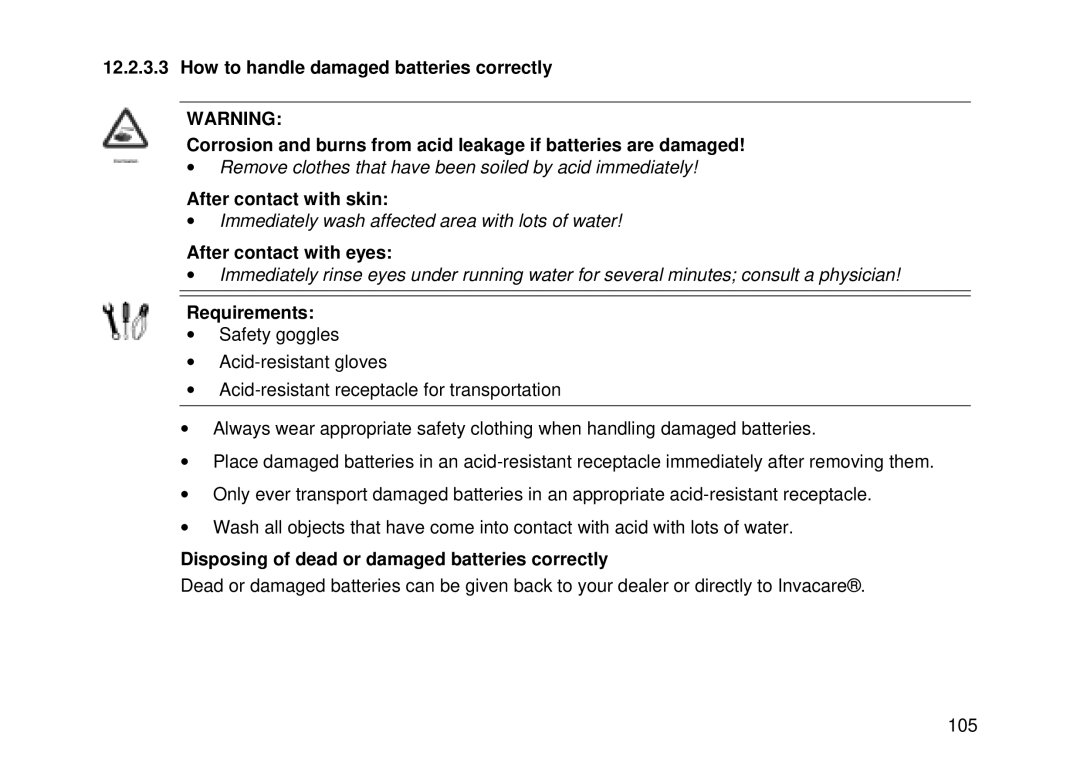 Invacare MK6i user manual After contact with skin, Disposing of dead or damaged batteries correctly 