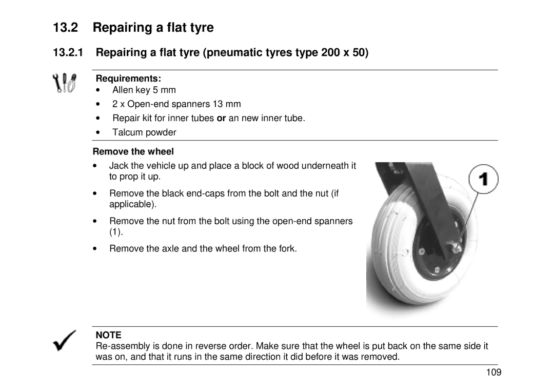 Invacare MK6i user manual Repairing a flat tyre pneumatic tyres type 200 x, Remove the wheel 