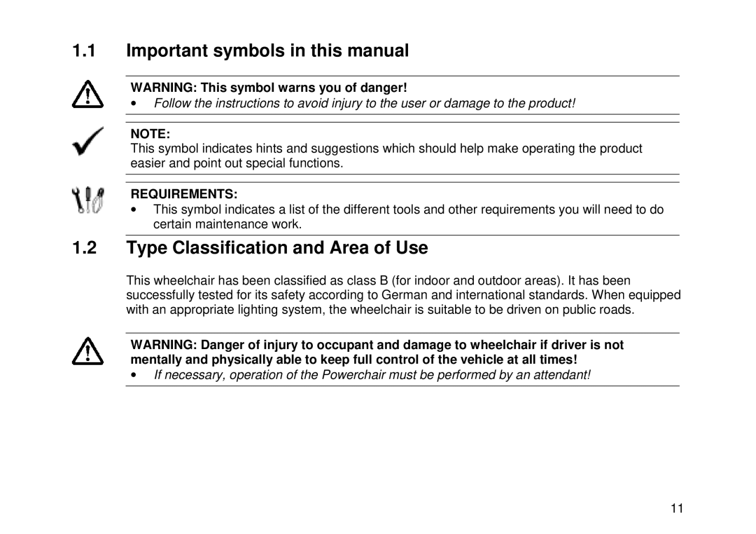 Invacare MK6i user manual Important symbols in this manual, Type Classification and Area of Use 