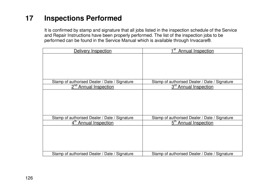 Invacare MK6i user manual Inspections Performed 