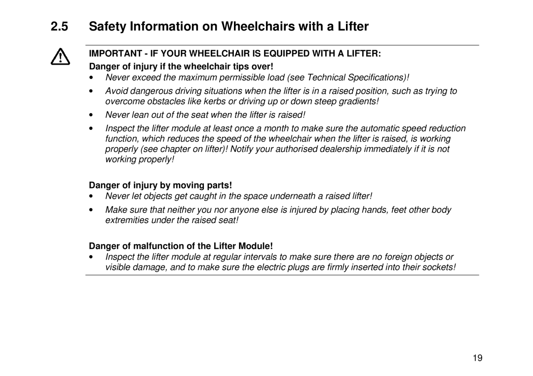 Invacare MK6i Safety Information on Wheelchairs with a Lifter, Important if Your Wheelchair is Equipped with a Lifter 