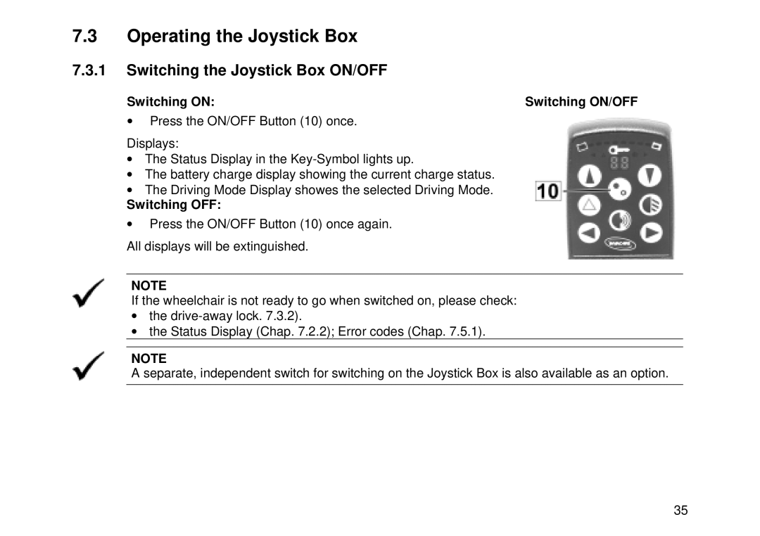 Invacare MK6i Operating the Joystick Box, Switching the Joystick Box ON/OFF, Switching on Switching ON/OFF, Switching OFF 