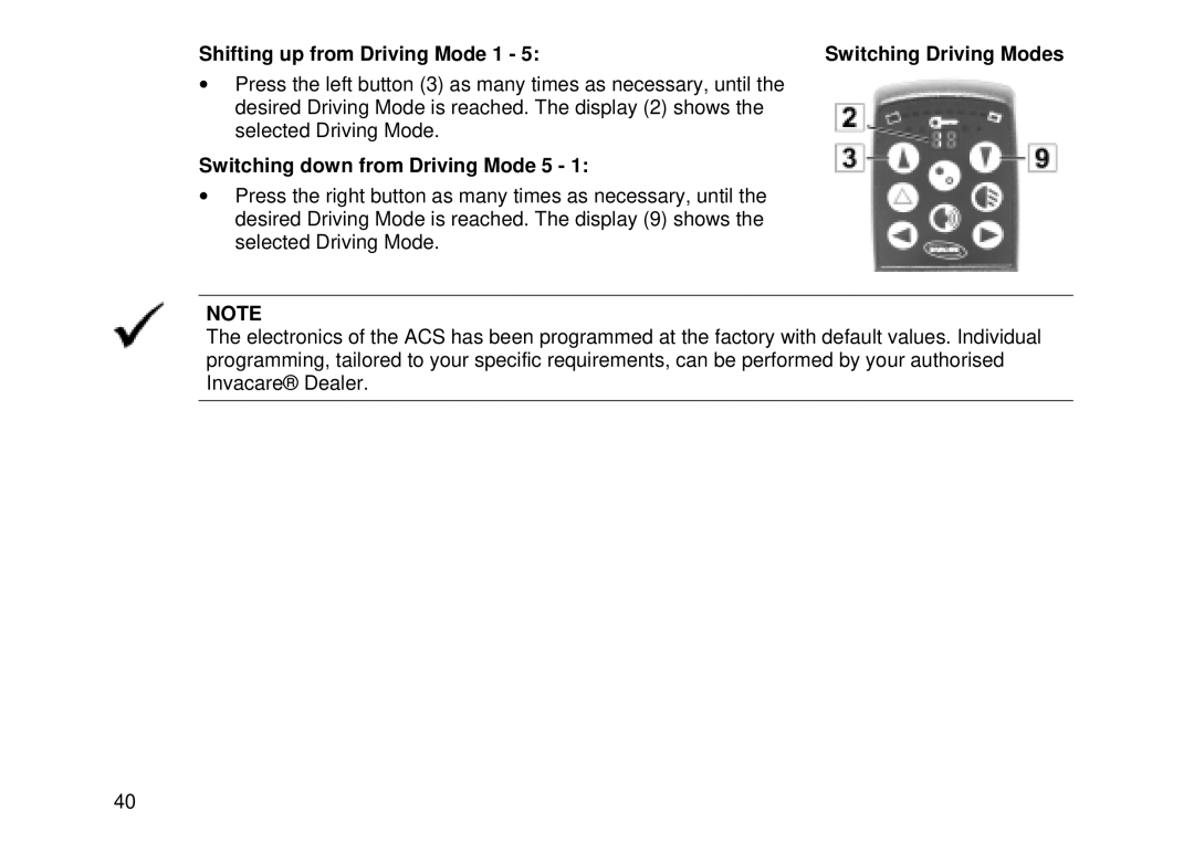 Invacare MK6i user manual Shifting up from Driving Mode 1 Switching Driving Modes, Switching down from Driving Mode 5 