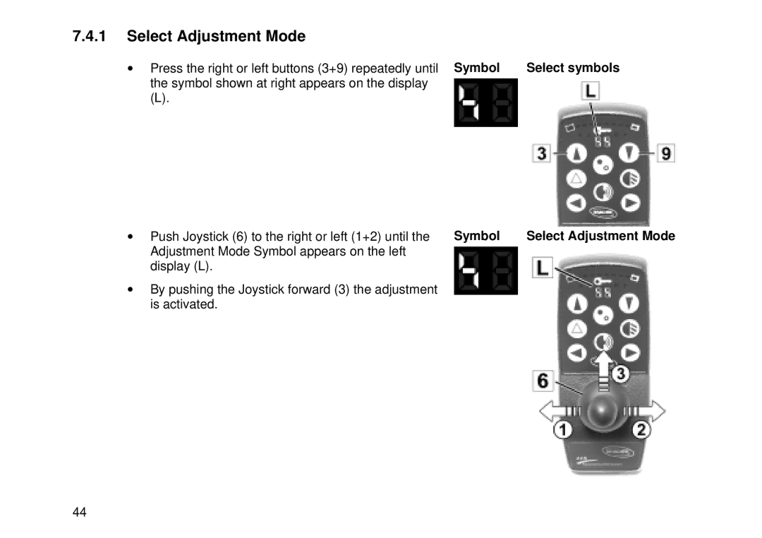 Invacare MK6i user manual Symbol Select symbols Select Adjustment Mode 