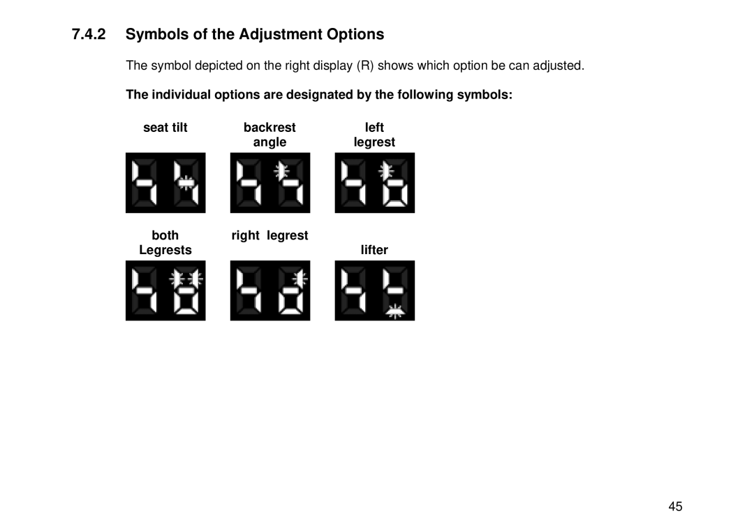 Invacare MK6i user manual Symbols of the Adjustment Options, Both Right legrest Legrests 