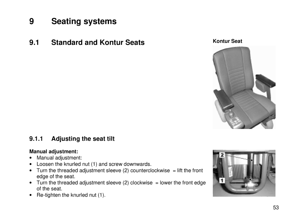 Invacare MK6i user manual Seating systems, Standard and Kontur Seats, Adjusting the seat tilt, Manual adjustment 