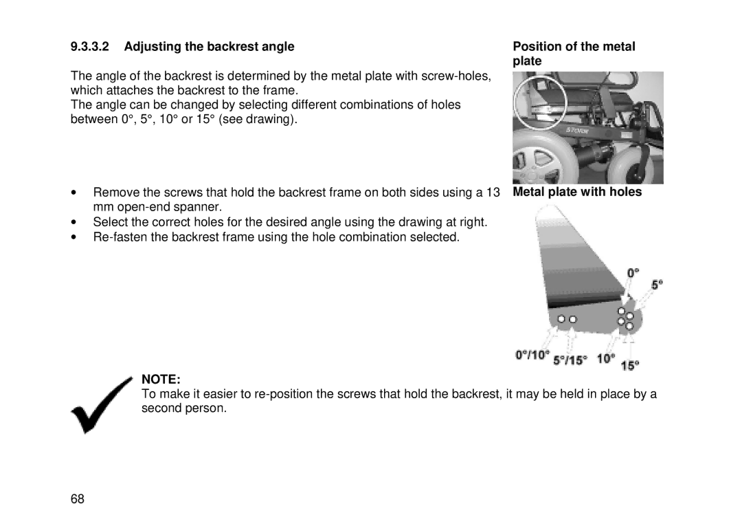 Invacare MK6i user manual Adjusting the backrest angle Position of the metal Plate 