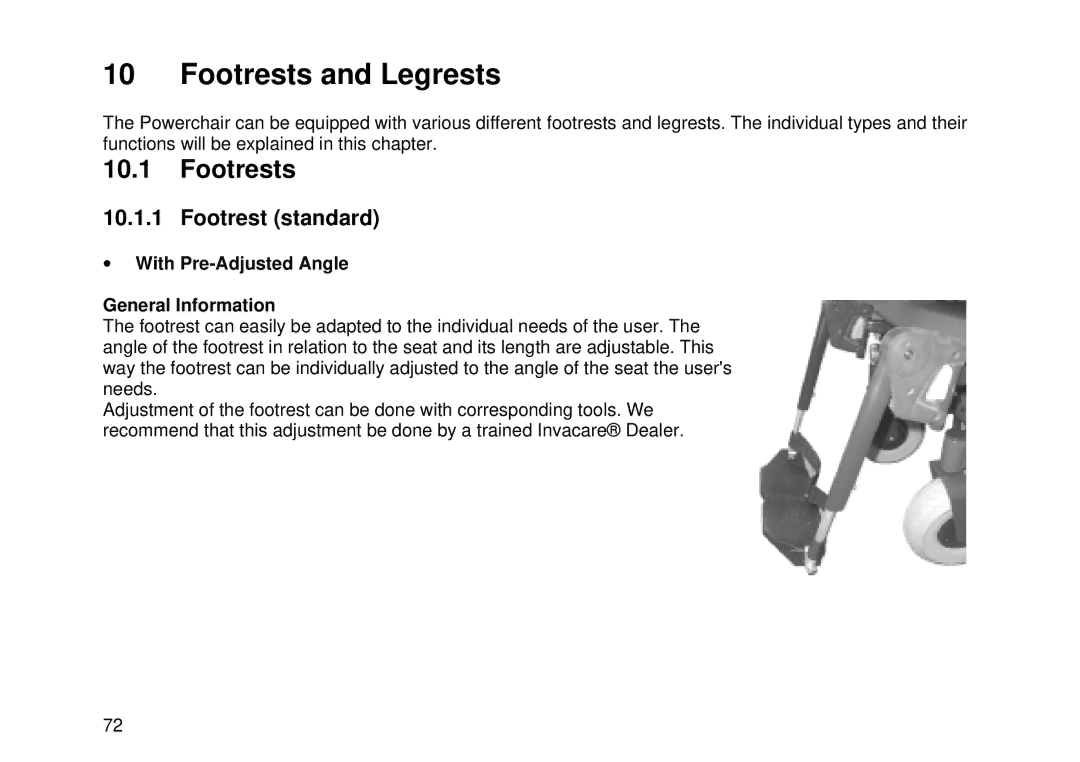 Invacare MK6i user manual Footrests and Legrests, Footrest standard, With Pre-Adjusted Angle General Information 