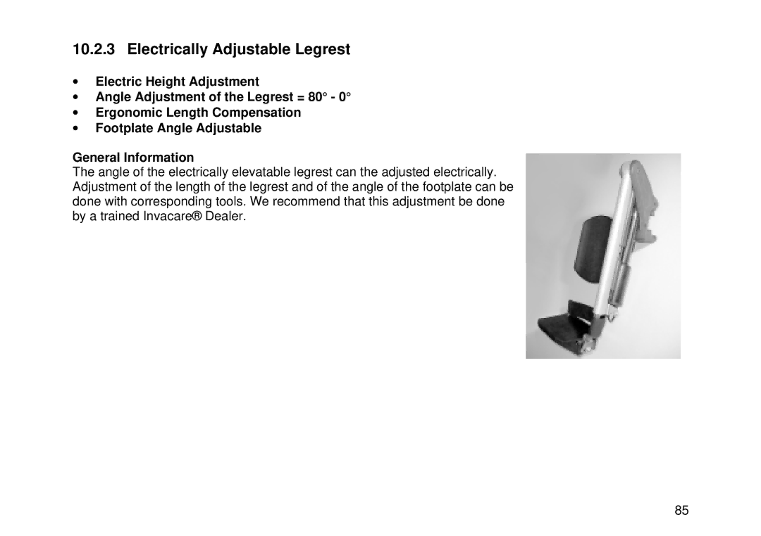 Invacare MK6i user manual Electrically Adjustable Legrest 