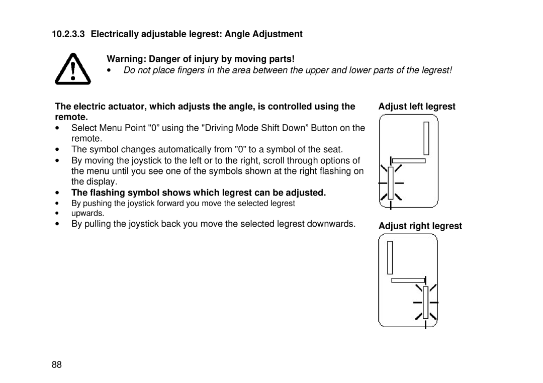 Invacare MK6i Electrically adjustable legrest Angle Adjustment, Flashing symbol shows which legrest can be adjusted 